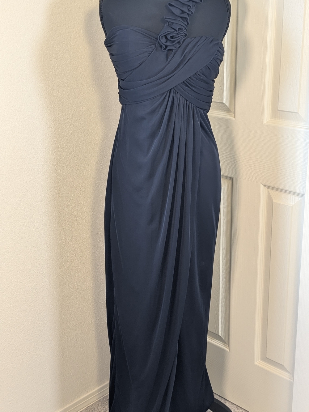 Vintage Betsy & Adam Linda Bernell One-Shoulder Rosette Evening Gown Navy Blue